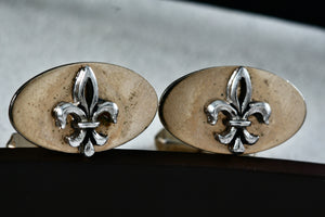 Vintage Swank Gold Tone Oval Fleur De Lis Silver Tone Cufflinks