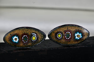 Vintage Men's Ceramic Sun Earth Moon Enamel Oval Football Shaped Cufflinks