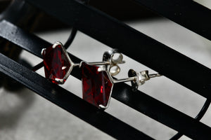 Sterling Silver Square Red Garnet Stud Earrings