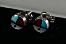 Load image into Gallery viewer, Native American Zuni Coral, Turquoise, Pearl &amp; Onyx Inlay Silver Round Stud Earring
