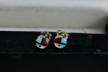 Load image into Gallery viewer, Native American Zuni Coral, Turquoise, Pearl &amp; Onyx Inlay Silver Round Stud Earring
