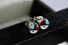 Load image into Gallery viewer, Native American Zuni Coral, Turquoise, Pearl &amp; Onyx Inlay Silver Round Stud Earring
