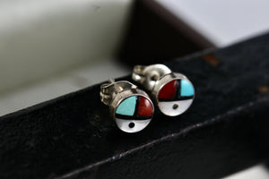 Native American Zuni Coral, Turquoise, Pearl & Onyx Inlay Silver Round Stud Earring