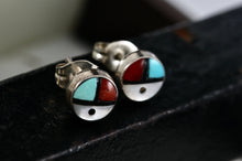 Load image into Gallery viewer, Native American Zuni Coral, Turquoise, Pearl &amp; Onyx Inlay Silver Round Stud Earring
