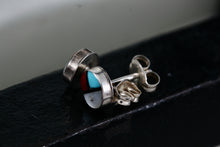 Load image into Gallery viewer, Native American Zuni Coral, Turquoise, Pearl &amp; Onyx Inlay Silver Round Stud Earring
