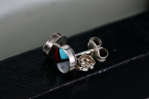 Native American Zuni Coral, Turquoise, Pearl & Onyx Inlay Silver Round Stud Earring