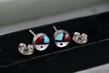 Load image into Gallery viewer, Native American Zuni Coral, Turquoise, Pearl &amp; Onyx Inlay Silver Round Stud Earring
