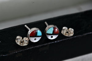 Native American Zuni Coral, Turquoise, Pearl & Onyx Inlay Silver Round Stud Earring