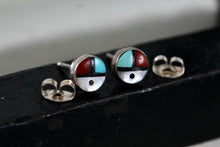 Load image into Gallery viewer, Native American Zuni Coral, Turquoise, Pearl &amp; Onyx Inlay Silver Round Stud Earring
