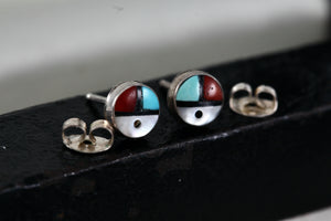 Native American Zuni Coral, Turquoise, Pearl & Onyx Inlay Silver Round Stud Earring