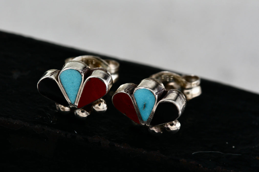 Native American Zuni Onyx, Turquoise, & Red Coral Trio Inlay Silver Stud Earrings