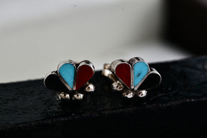 Native American Zuni Onyx, Turquoise, & Red Coral Trio Inlay Silver Stud Earrings