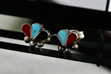 Load image into Gallery viewer, Native American Zuni Onyx, Turquoise, &amp; Red Coral Trio Inlay Silver Stud Earrings
