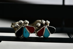 Native American Zuni Onyx, Turquoise, & Red Coral Trio Inlay Silver Stud Earrings