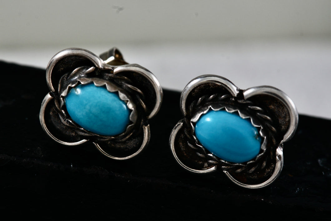 Sterling Silver Native American Oval Turquoise Bead Butterfly Stud Earrings