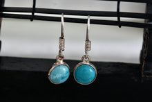 Load image into Gallery viewer, Sterling Silver Native American Round Dangle Turquoise Stone Hook Earrings
