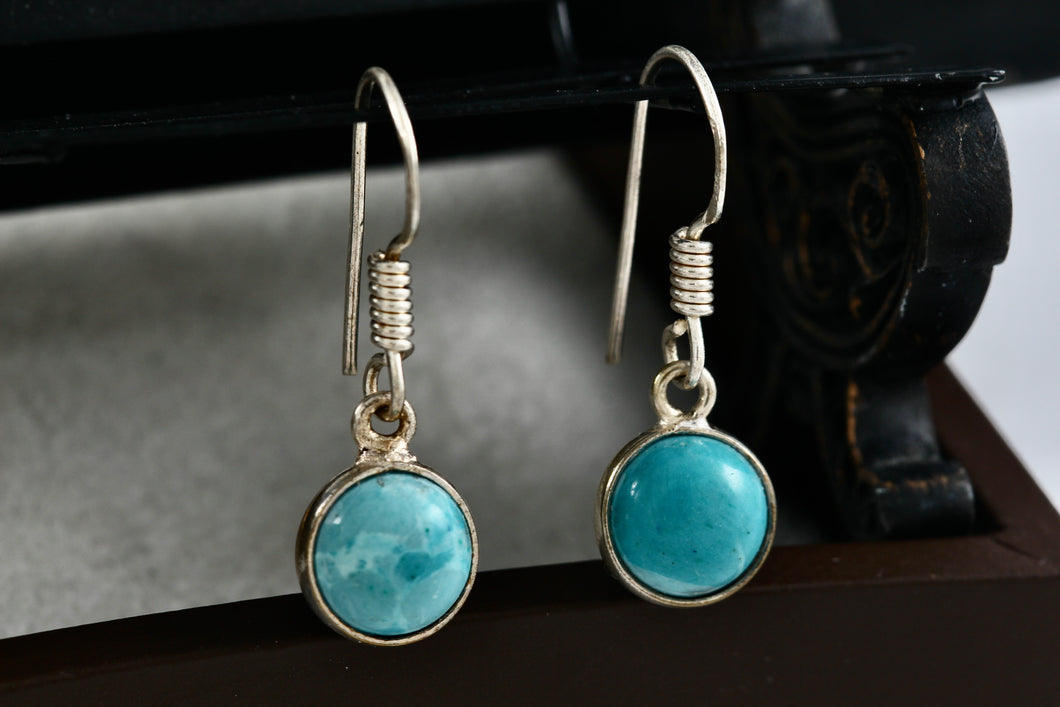 Sterling Silver Native American Round Dangle Turquoise Stone Hook Earrings