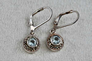 DBJ Sterling Silver Round Aquamarine Rhinestone Dangle Clip-On Earrings