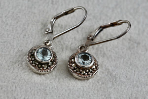 DBJ Sterling Silver Round Aquamarine Rhinestone Dangle Clip-On Earrings