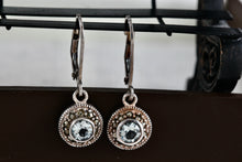 Load image into Gallery viewer, DBJ Sterling Silver Round Aquamarine Rhinestone Dangle Clip-On Earrings
