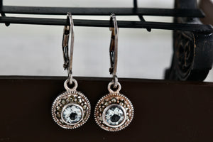 DBJ Sterling Silver Round Aquamarine Rhinestone Dangle Clip-On Earrings