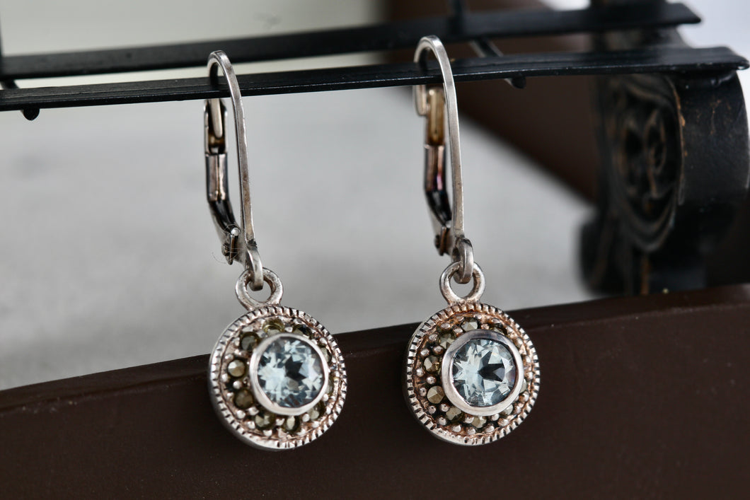 DBJ Sterling Silver Round Aquamarine Rhinestone Dangle Clip-On Earrings