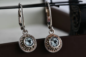 DBJ Sterling Silver Round Aquamarine Rhinestone Dangle Clip-On Earrings