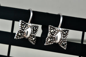 Vintage SU Sterling Silver Small Rhinestone Butterfly Dangle Hook Earrings