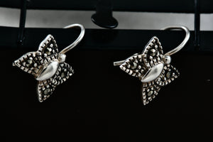 Vintage SU Sterling Silver Small Rhinestone Butterfly Dangle Hook Earrings