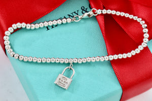 Tiffany & Co. 1837 Silver Mini Padlock 4mm Ball Beaded 7" Bracelet