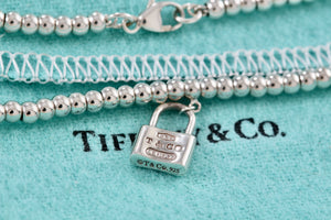 Tiffany & Co. 1837 Silver Mini Padlock 4mm Ball Beaded 7" Bracelet