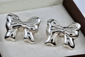 Vintage Taxco Mexico Sterling Silver Large Ribbon Bow Stud Earrings