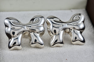 Vintage Taxco Mexico Sterling Silver Large Ribbon Bow Stud Earrings