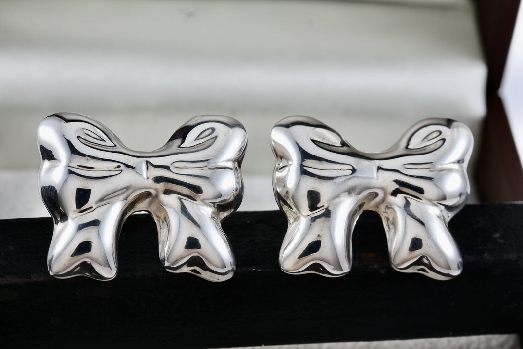 Vintage Taxco Mexico Sterling Silver Large Ribbon Bow Stud Earrings