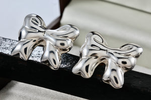 Vintage Taxco Mexico Sterling Silver Large Ribbon Bow Stud Earrings