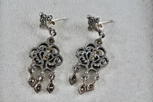 Vintage Sterling Silver Rhinestone Chandelier Dangle Triple Drop Stud 1.75" Earrings