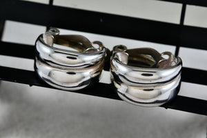 Sterling Silver Small Wide Hoop Huggie Clip-On Earrings Signed