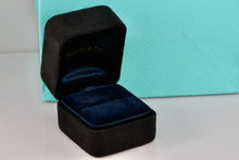 Load image into Gallery viewer, Tiffany &amp; Co. Small Black Suede Royal Blue Silk Engagement Ring Presentation Box
