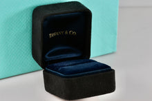 Load image into Gallery viewer, Tiffany &amp; Co. Small Black Suede Royal Blue Silk Engagement Ring Presentation Box
