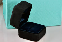 Load image into Gallery viewer, Tiffany &amp; Co. Small Black Suede Royal Blue Silk Engagement Ring Presentation Box
