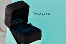 Load image into Gallery viewer, Tiffany &amp; Co. Small Black Suede Royal Blue Silk Engagement Ring Presentation Box
