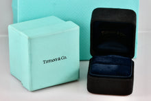 Load image into Gallery viewer, Tiffany &amp; Co. Small Black Suede Royal Blue Silk Engagement Ring Presentation Box
