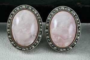 Large Oval Pink Moonstone Rhinestone Costume Clip-On Earrings