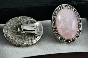 Large Oval Pink Moonstone Rhinestone Costume Clip-On Earrings