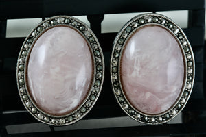 Large Oval Pink Moonstone Rhinestone Costume Clip-On Earrings