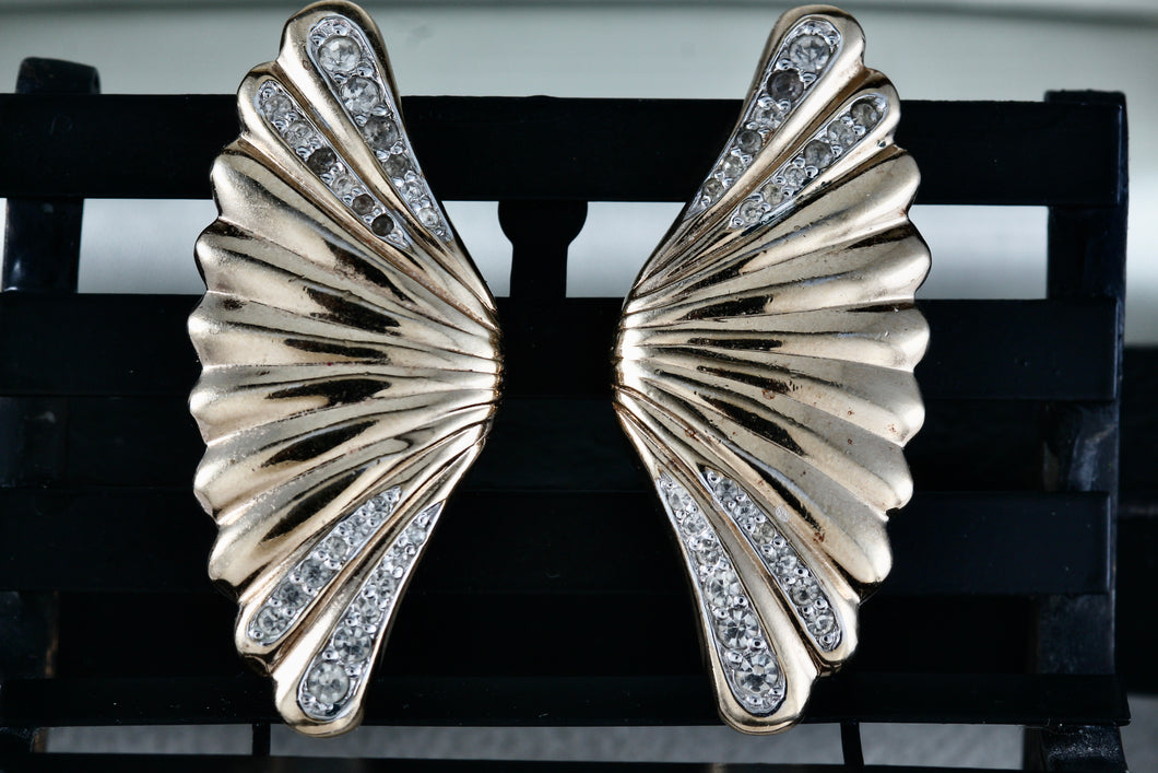 Pantera Gold Tone Rhinestone Shell Wings Costume Earrings