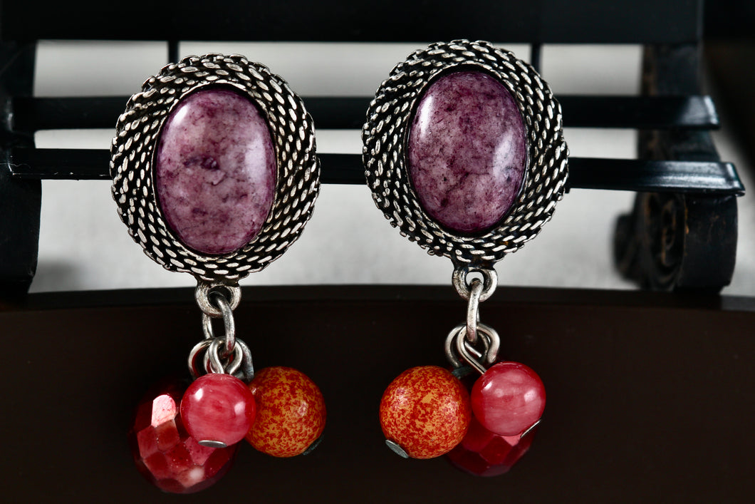 Chico's Pink Rhodonite Dangle Triple Bead Costume Earrings