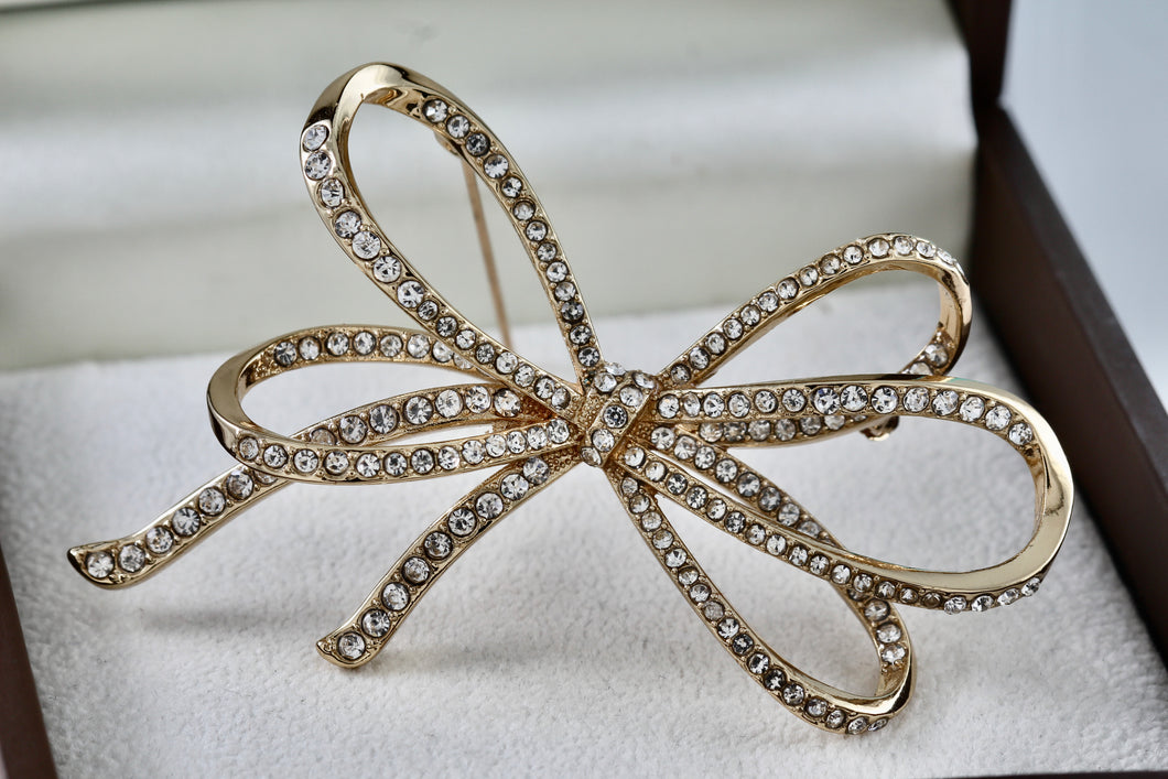 Anne Klein Gold Tone Rhinestone Ribbon Brooch