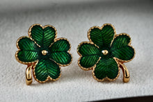 Load image into Gallery viewer, Vintage Avon Gold Tone Green Enamel Four Leaf Clover Clip-On Earrings
