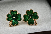 Load image into Gallery viewer, Vintage Avon Gold Tone Green Enamel Four Leaf Clover Clip-On Earrings
